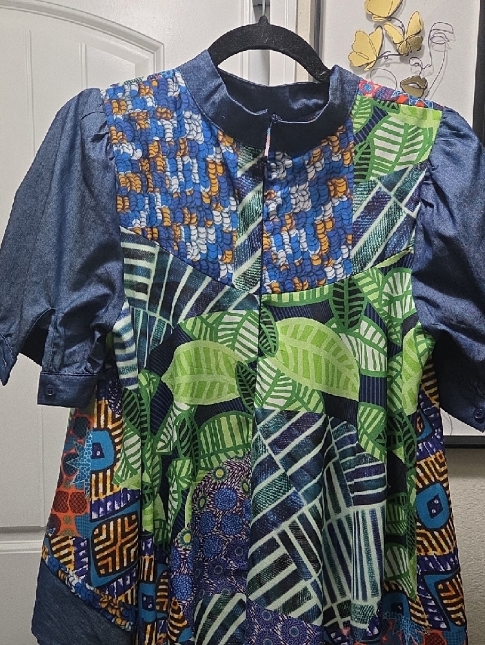 Patchwork Multicolor Short Sleeve Blouse with Denim Trim - Picture 6 of 6